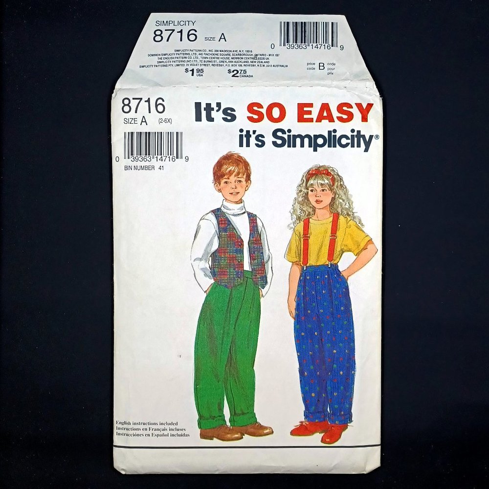 Simplicity 8716 Boys Girls Child Pants Sewing Pattern Sz 2 3 4 5 6 6X Uncut FF
